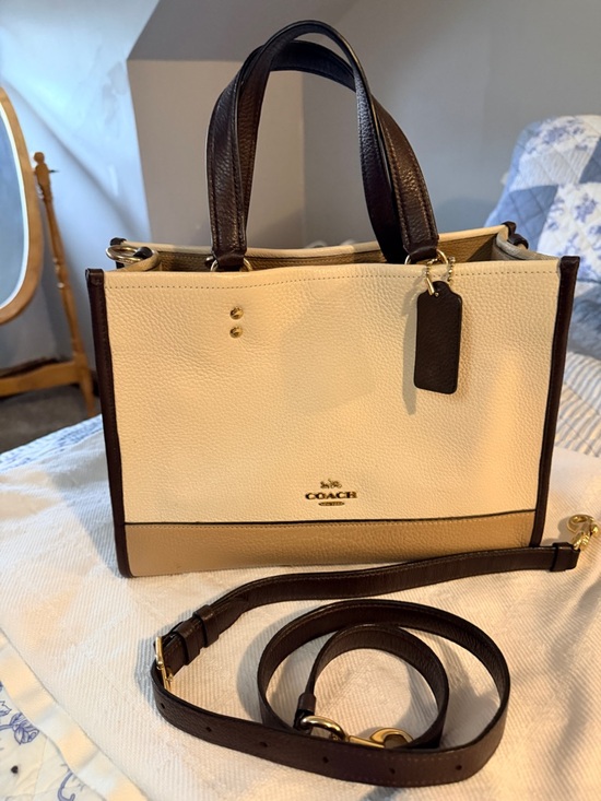 Coach Handbags - Coach Color Block Leather Satchel in Cream / Tan / Brown and Signature